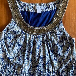 ANN TAYLOR LOFT PAISLEY BEADED DETAIL DRESS BLUE & WHITE Sz 10 Stretch waist